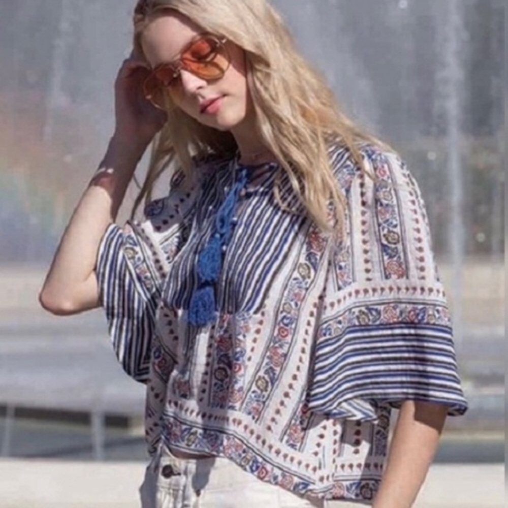 LOVE RICHE Peasant Tassel Lace Up Top
